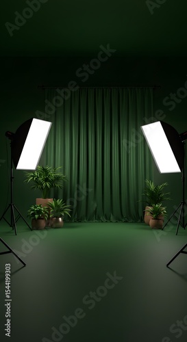 Photoshoot room background with green backdrop, nature decoration and Photography Tools Set, made by Ai