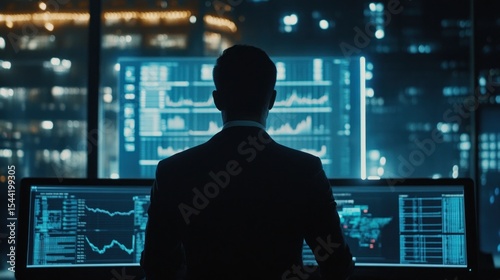 Financial analyst overseeing stock market data at night in office