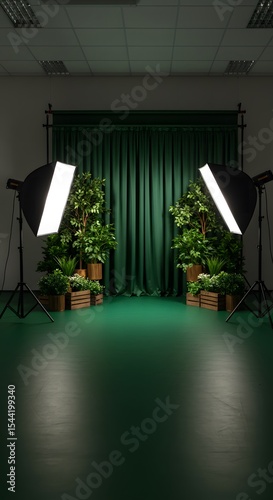 Photoshoot room background with green backdrop, nature decoration and Photography Tools Set, made by Ai