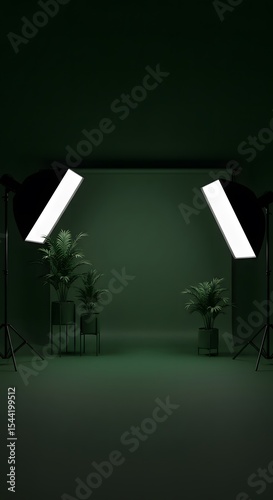 Photoshoot room background with green backdrop, nature decoration and Photography Tools Set, made by Ai