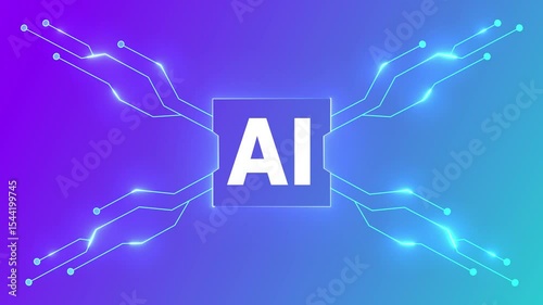 A futuristic animation of AI text centered with glowing circuit lines branching outward, symbolizing artificial intelligence, neural networks, and digital connectivity