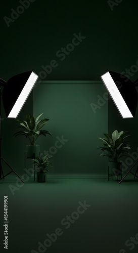 Photoshoot room background with green backdrop, nature decoration and Photography Tools Set, made by Ai