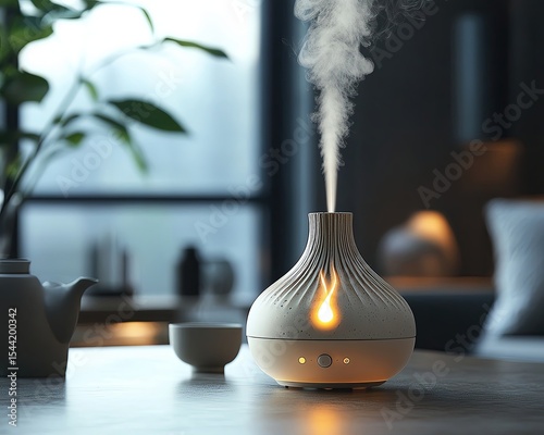 A modern diffuser emitting calming steam.