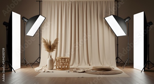 Photoshoot Studio room background with cream vibe interior and decoration and Photography Tools Set, made by Ai