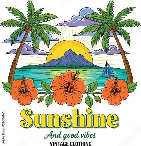 the sun is here. Summer vibes artwork. summer t shirt designs ,vector t shirt design summer , t-shirt prints and other uses.
