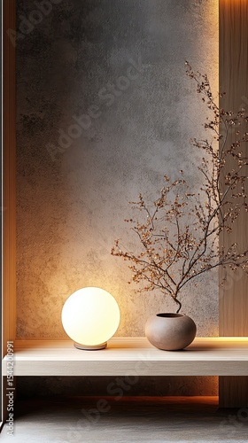 Stylish decor with a glowing lamp and vase.