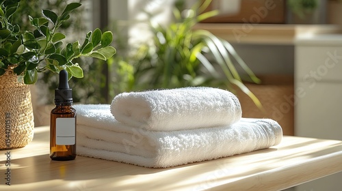 Spa setting with towels and essential oils.
