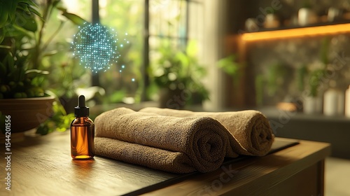Relaxing spa scene with towels and oil.