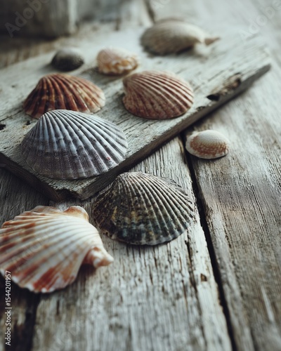 Natural Seashell Arrangement on Rustic Wood Surface, Ethereal Lighting and Soft Shadows, Coastal Still Life Aesthetic