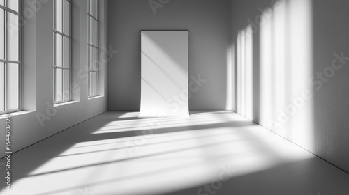 Empty room with large window and blank canvas
