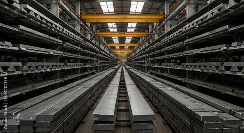 Metal Stockyard: Rows of Steel Beams and Industrial Warehouse