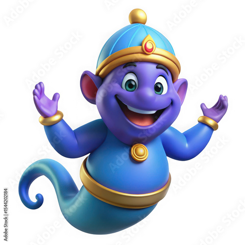 Cheerful cartoon genie smiling and offering magic for wishes against a black background