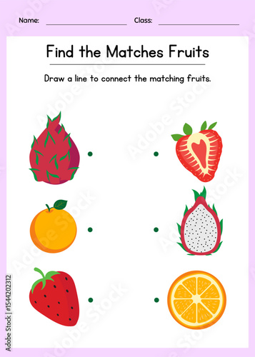 Printable kids activity worksheet to match whole fruits with their sliced pairs. Boosts visual memory and fruit recognition for preschoolers or kindergarten. Oranges, strawberries, and dragon fruits.
