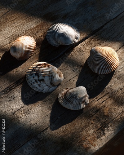 Natural Seashell Arrangement on Rustic Wood Surface, Ethereal Lighting and Soft Shadows, Coastal Still Life Aesthetic