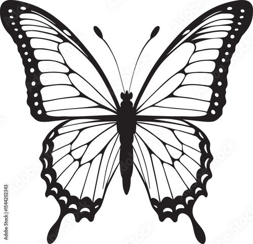 Elegant black and white butterfly silhouette Vector Art Illustration on a White Background