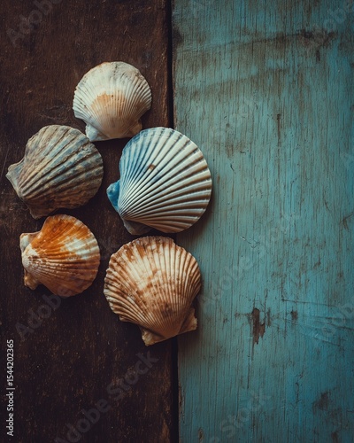 Natural Seashell Arrangement on Rustic Wood Surface, Ethereal Lighting and Soft Shadows, Coastal Still Life Aesthetic