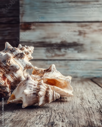 Natural Seashell Arrangement on Rustic Wood Surface, Ethereal Lighting and Soft Shadows, Coastal Still Life Aesthetic