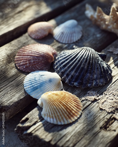 Natural Seashell Arrangement on Rustic Wood Surface, Ethereal Lighting and Soft Shadows, Coastal Still Life Aesthetic