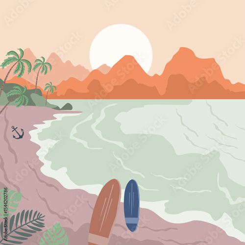 Happy Summer vibe beach palm tree and tropical island board surfing