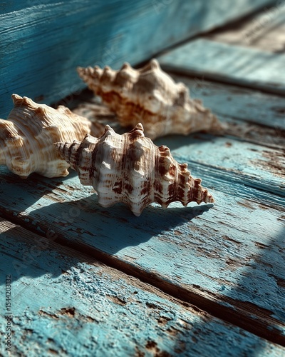 Natural Seashell Arrangement on Rustic Wood Surface, Ethereal Lighting and Soft Shadows, Coastal Still Life Aesthetic