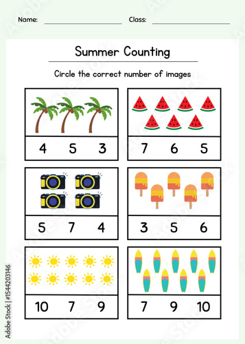 Printable summer counting worksheet. Choose the correct number game for preschool. Interactive counting worksheet for young learners. Ideal for preschool, kindergarten, summer camp, or home learning.