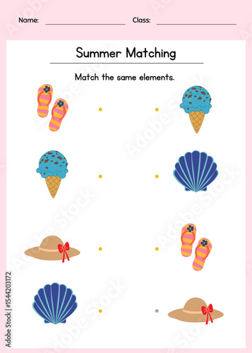 Summer matching worksheet. Match the same elements activity for preschoolers. Fun matching worksheet for toddlers and preschoolers. Perfect for summer school, early childhood centers, and home use.