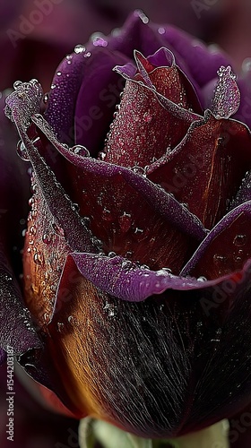 Detailed close-up of a dark rose with water droplets showcasing the flower's textures and vibrant color gradient.