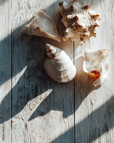 Natural Seashell Arrangement on Rustic Wood Surface, Ethereal Lighting and Soft Shadows, Coastal Still Life Aesthetic