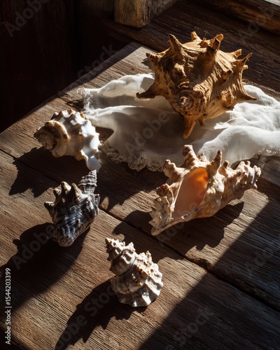 Natural Seashell Arrangement on Rustic Wood Surface, Ethereal Lighting and Soft Shadows, Coastal Still Life Aesthetic