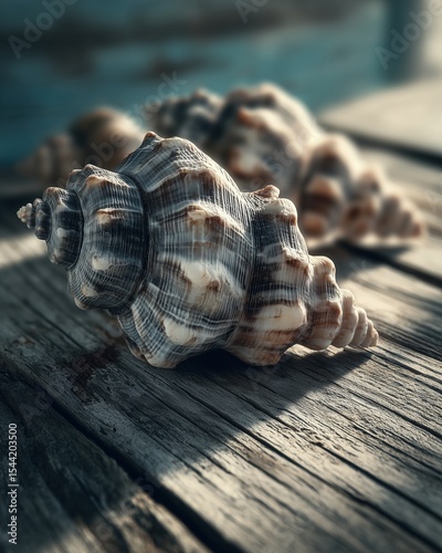Natural Seashell Arrangement on Rustic Wood Surface, Ethereal Lighting and Soft Shadows, Coastal Still Life Aesthetic