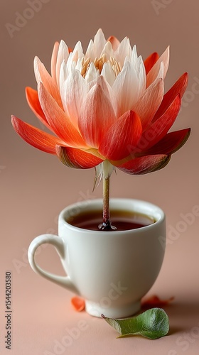 Dreamy floral still life: Elegant bloom emerging from a cup creating a serene and whimsical botanical composition.