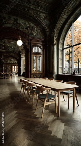 Elegant Dining Room with Wooden Table and Chairs in Historic Building, Window View of Autumn Trees.