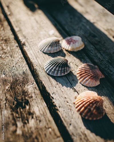 Natural Seashell Arrangement on Rustic Wood Surface, Ethereal Lighting and Soft Shadows, Coastal Still Life Aesthetic