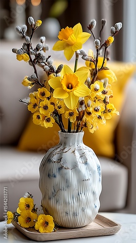 Elegant Floral Arrangement: Bright Yellow Daffodils and Delicate Catkins in Decorative Vase, Bringing Freshness to Interior Decor.