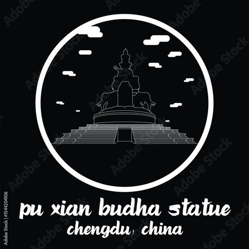 Circle Icon Pu Xian Budha Statue. Vector illustration