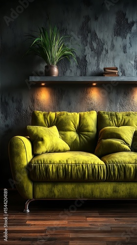 Elegant Living Room with a Comfortable Yellow Sofa and Moody Textured Wall Decor Ideas.