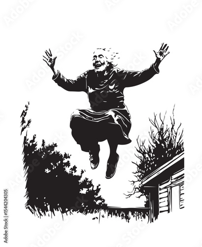 drawing of very older woman jumping out at backyard