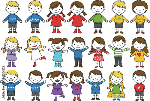 Big set of cute, hand-drawn doodle style cartoon kids, a diverse collection of boy and girl characters isolated on a white background for design.