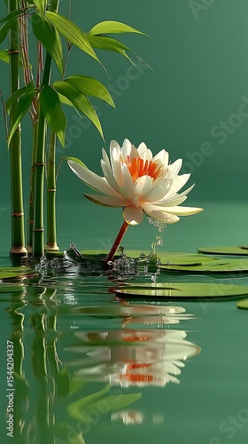 Elegant Water Lily with Bamboo Reflections in a Serene Pond, Capturing Nature's Tranquil Beauty.