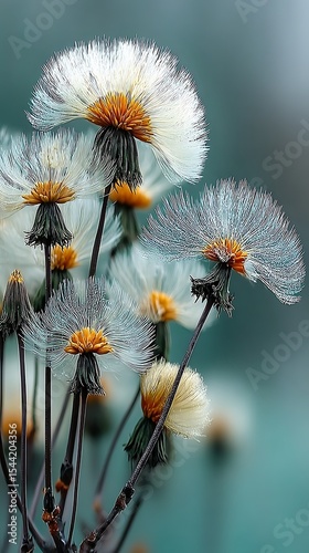 Elegant White and Yellow Seed Head Flowers in a Garden Setting, Delicate Floral Details, Serene and Peaceful Nature Close-Up.