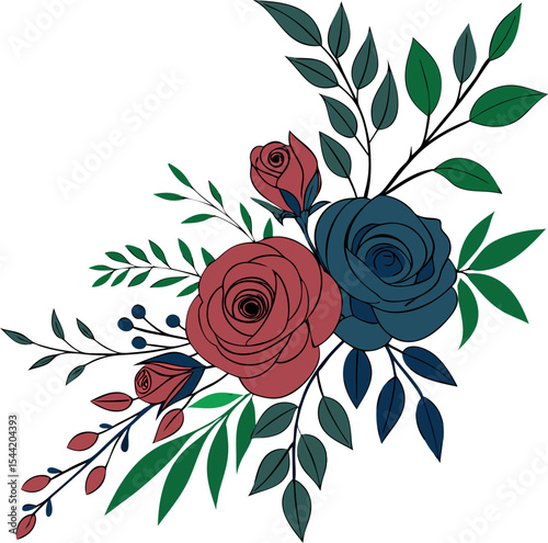 Set of floral branch. Flower red, burgundy, navy blue rose, green leaves. Wedding concept with flowers. Floral poster, invite. Vector arrangements for greeting card or invitation design .
