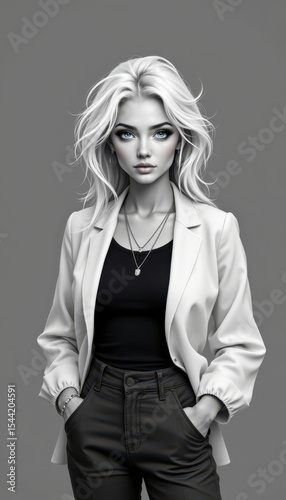 Stunning Female Portrait with Beautiful Hair and Striking Blue Eyes in Monochromatic Style