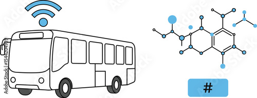 Smart bus with wireless connectivity, data technology, public transport innovation, molecular network, digital communication, hashtag symbol, connected transportation, intelligent system, 