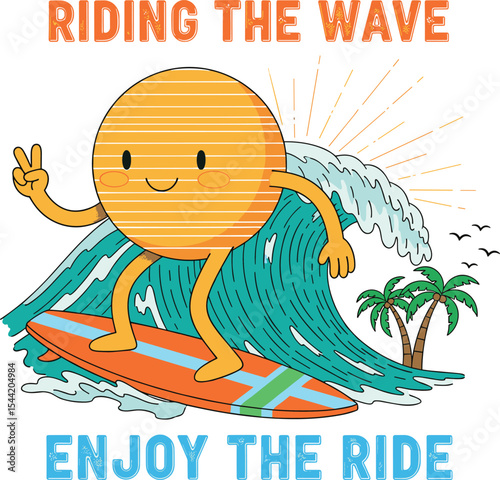 Beach vibes with surfing board vintage print design. Beach party tropical colorful poster .Festival vector Illustration placard.
