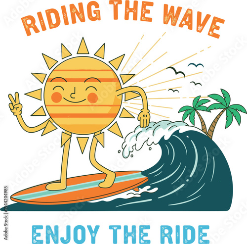 Beach vibes with surfing board vintage print design. Beach party tropical colorful poster .Festival vector Illustration placard.