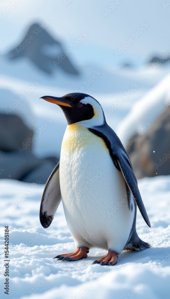 Obraz premium Majestic Penguin Standing on Snowy Ground with Rocky Background in Winter Landscape