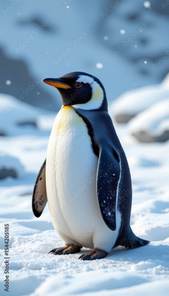 Fototapeta premium Adorable emperor penguin standing on snow-covered landscape in serene Arctic environment