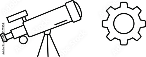 Black line telescope and gear icon on white background, science and technology concept, astronomy exploration tool, mechanical settings symbol, isolated vector illustration, minimal design