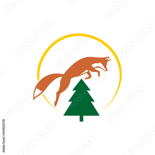 Fox Jumping Over a Pine Tree with a Sun