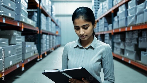 A young serious Indian woman stands in a warehouse with a clipboard. With a serious expression, she stands ready to lead her team, clipboard in hand, prepared for any task.
